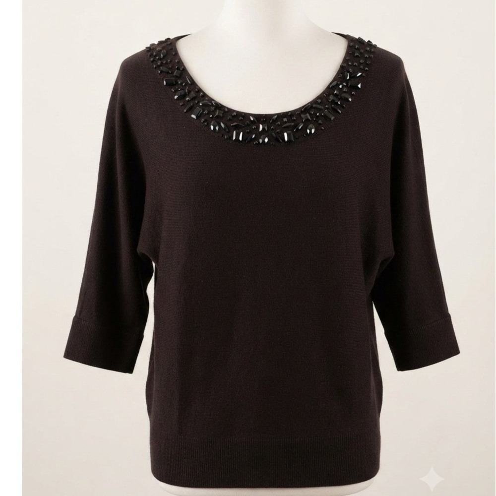 Vintage Attention Embellished Jewel Neck 3/4 Sleeve Knit Sweater Women Large NWT